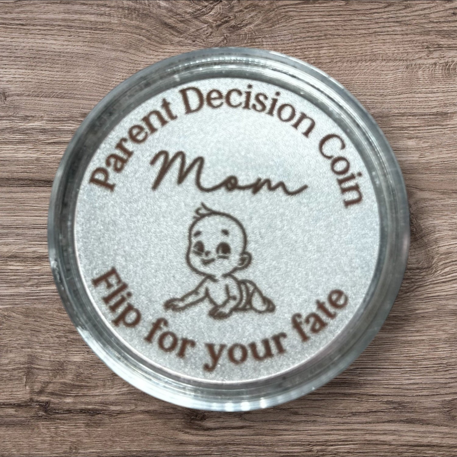 Engraved Silver Alloy Parent Decision Coin in Acrylic Case