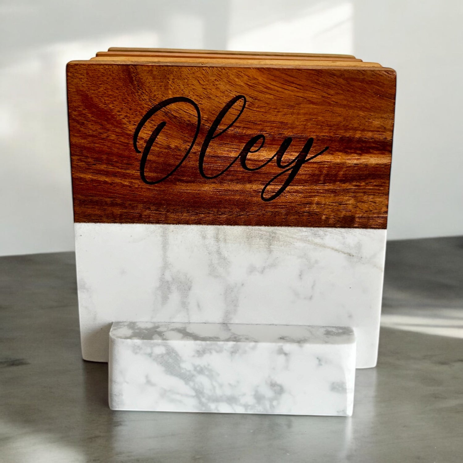 Engraved Wood & Marble Coasters with Marble Display Base