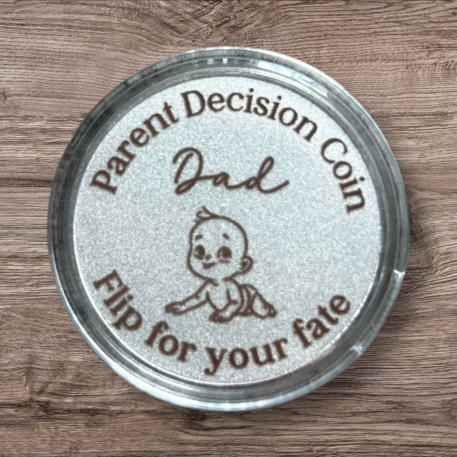 Engraved Silver Alloy Parent Decision Coin in Acrylic Case